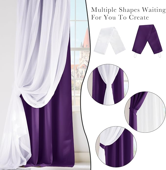 PONY DANCE Bedroom Curtains Purple - Mix & Match Room Darkening Curtains with White Crushed Sheer Voile, 52" Wide and 63" Long, Royal Purple, 2 Panels