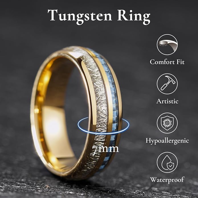 King Will Tungsten Rings for Men Meteorite Carbon Fiber Wood Inlay Mens Wedding Engagement Band Domed Polished