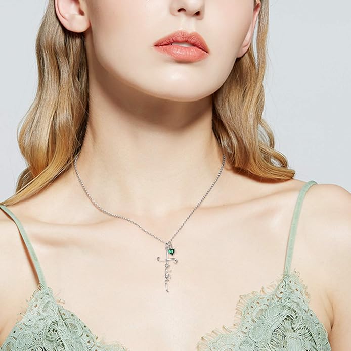 Faith Cross Necklace For Women Birthstone Sterling Silver with Simulated Birthstone Cross Jewelry Christian Gifts