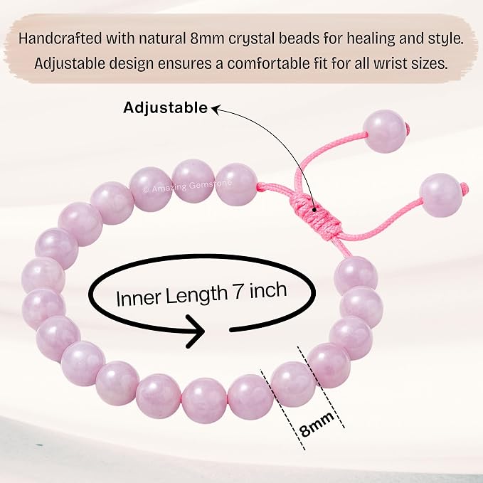 Amazing Gemstone Kunzite Bracelet, Gifts for Men & Women - Protection Healing Crystal Bracelet - 8mm Gemstone Beaded Adjustable Bracelet, Pulseras para Hombres Mujer Stocking Stuffers