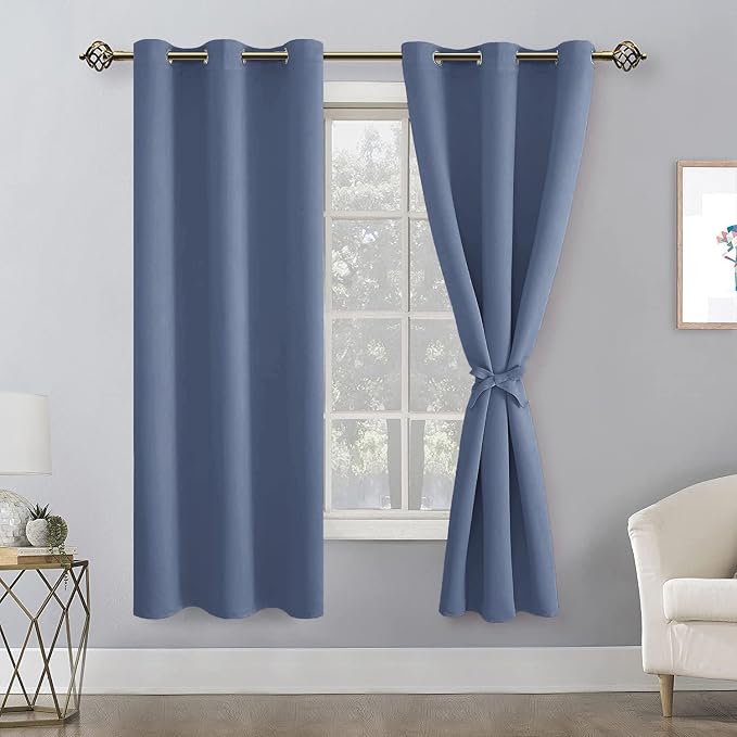 Hiasan Blackout Curtains for Bedroom, 38 x 63 Inches Length - Thermal Insulated & Light Blocking Window Curtains for Living Room, 2 Drape Panels Sewn with Tiebacks, Blue Haze