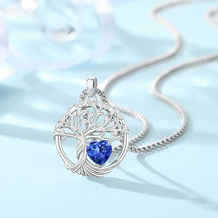 Birthstone Tree of Life Necklace for Women Heart Crystal Pendant Silver Plated Birthday Anniversary Jewelry for Wife, Mom, and Her