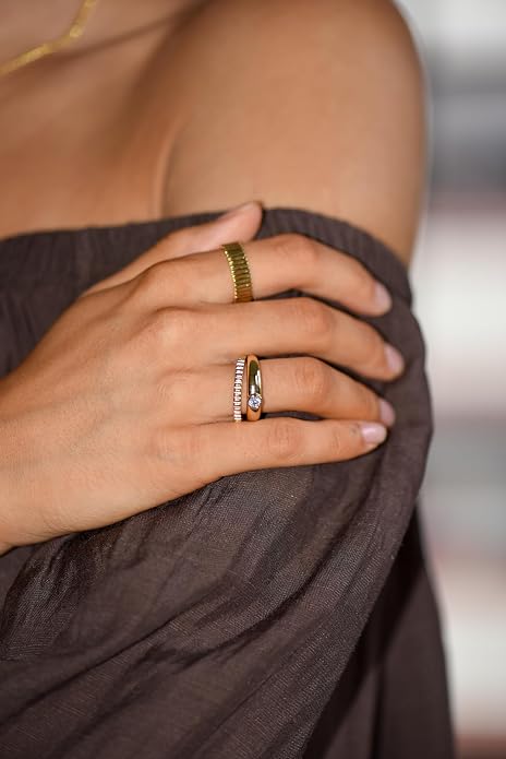 LEMON GRASS Bezel Set Round CZ Thin Dome Ring | Minimalist Stacking Band Signet Ring in Gold