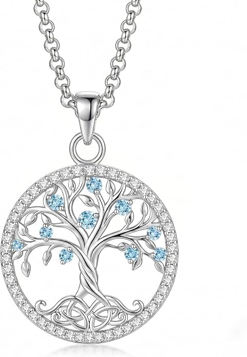 ONEFINITY Tree of Life Necklace 18k White Gold Plated Tree of Life Birthstone Pendant Necklace Birthstone Jewelry Anniversary Birthday Gifts for Women Men