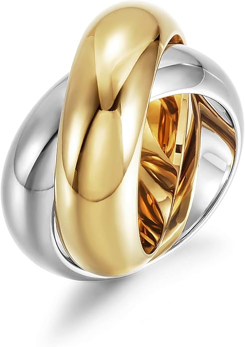 CIUNOFOR Two Tone Chunky Cocktail Ring for Women, Interlocked Gold & Silver Wide Band Statement Ring, Non-Separable Design, Sizes 6–9