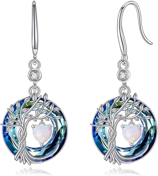 POPLYKE Tree of Life Birthstone Earrings 925 Sterling Silver Dainty Gemstone Birthstone Dangle Drop Earring with Crystal Fine Jewelry Birthday Gifts for Women Her