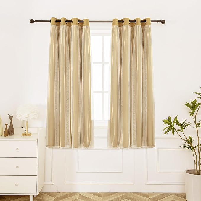 INLINAS Gold Blackout Curtains with Sheer Overlay - Grommet Top Thermal and Noise Reduction Panels for Bedroom and Living Room Light Blocking and Energy Saving, 52 x 63 Inches, Set of 2