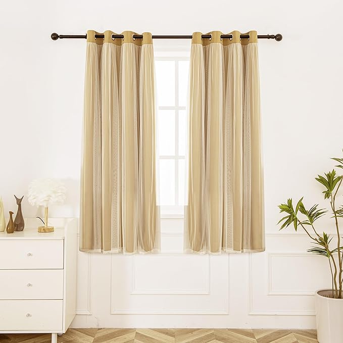 INLINAS Gold Blackout Curtains with Sheer Overlay - Grommet Top Thermal and Noise Reduction Panels for Bedroom and Living Room Light Blocking and Energy Saving, 52 x 72 Inches, Set of 2