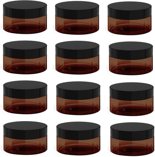 1 oz Amber Plastic Cosmetic Jars Leak Proof Container with Black Lid for Cream, Lotion, Powder, ointment, Beauty Products etc, 12 Pcs.