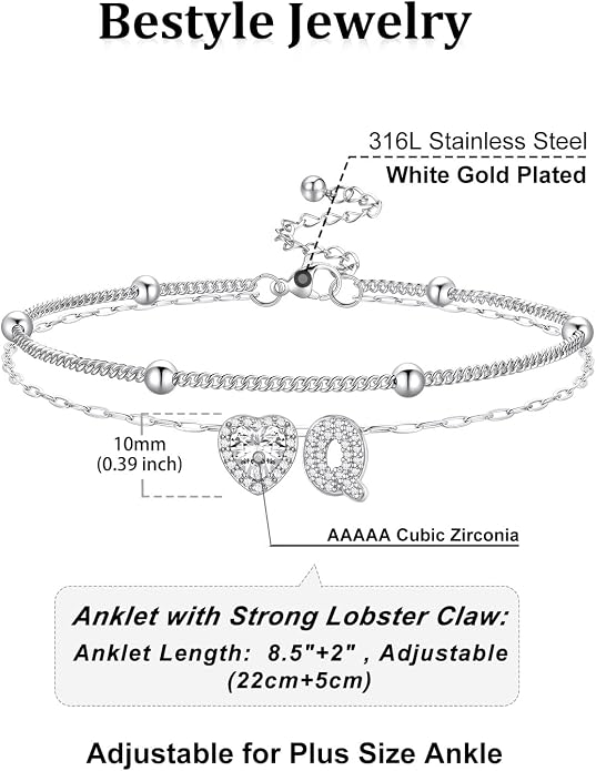 Bestyle Initial Anklet Bracelets for Women Waterproof Non Tarnish 14K Gold/White Gold Plated CZ Anklets for Women Dainty Layered Letter Heart Ankle Bracelets Adjustable Foot Chain Anklet