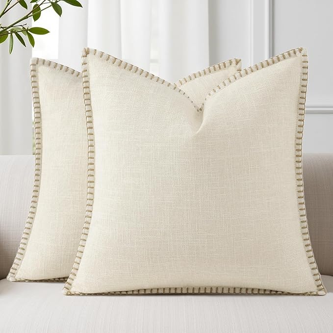 decorUhome Cream Faux Linen Outdoor Throw Pillow Covers 22x22 Set of 2 | Fall Decorative Textured Neutral Modern Farmhouse Pillow Covers with Stitched Edge for Couch Sofa Bed Living Room