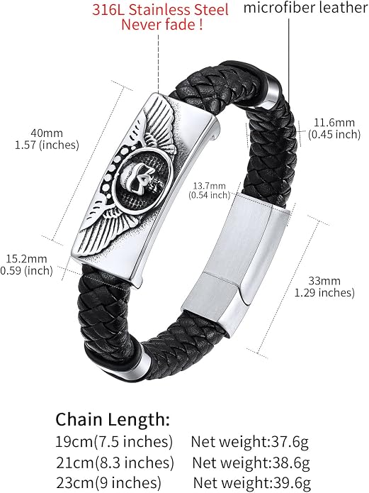 ChainsHouse Mens Wrap Braided Leather Black Bead Bracelets Bangles, Vintage Star of David/Wing Skull/Templar Cross Genuine Leather Bracelet, Customize Available, Size 7.5/8.3/9.0 Inch, Send Gift Box