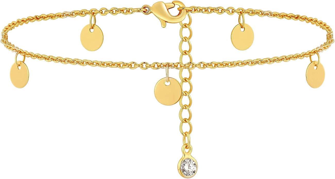 Gold Ankle Bracelets for Women, 14K Gold Plated Anklets Adjustable Cuban Link Anklets Set Tiny Cute Summer Barefoot Jewelry Gift.