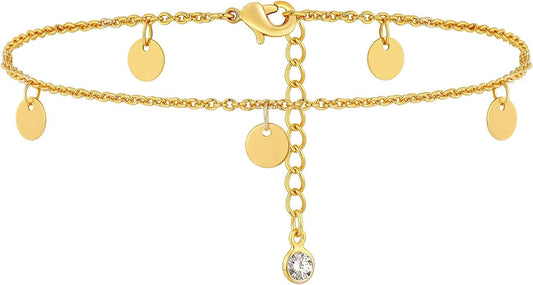 Gold Ankle Bracelets for Women, 14K Gold Plated Anklets Adjustable Cuban Link Anklets Set Tiny Cute Summer Barefoot Jewelry Gift.