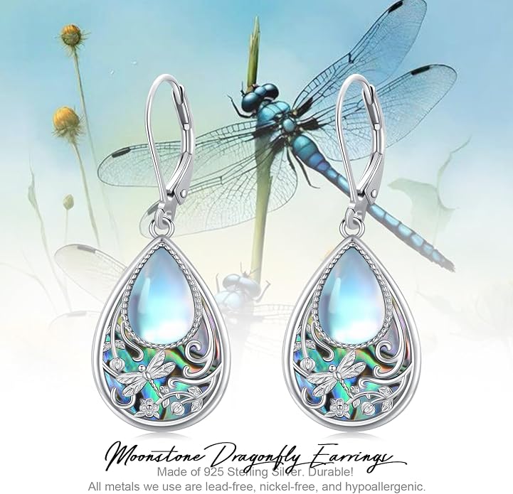 Dragonfly Filigree Earrings 925 Sterling Silver Teardrop Moonstone Abalone Shell Dangle Drop Earrings Filigree Jewelry Gifts for Women