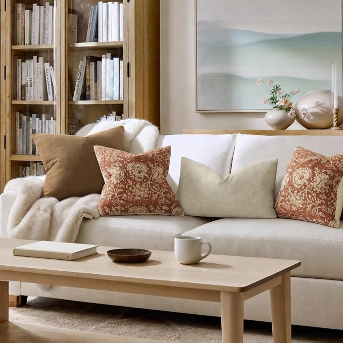 Fall Pillow Covers 22x22 Set of 2 Printed Floral Throw Pillows Farmhouse Pillow Cases Vintage Decorative Cushion Covers Fall Decorations for Couch Sofa Chair Bed Living Room, Rust