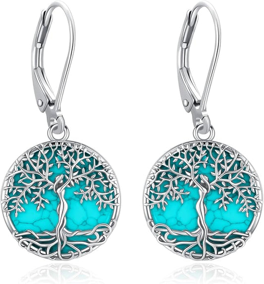 Black Cat/Turtle/Moonstone//Turquoise/Flower/Tree of Life Earrings Sterling Silver Cute Animal Leverback Dangle Earrings Jewelry Gifts