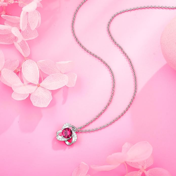 18K Gold Plated Love Knot Necklace for Women, 925 Sterling Silver Round cut Birthstone Pendant Necklace With Chain Lucky Flower Jewelry Gift