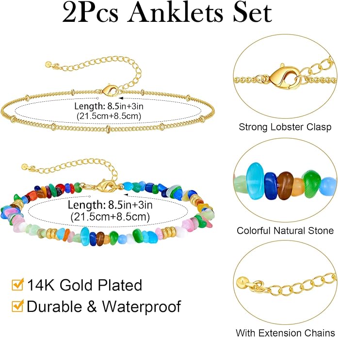 Ankle Bracelet for Women Natural Stone Colorful Beaded Boho Layered Anklet 14K Gold Plated Adjustable Beads Chain 2Pcs Anklets Set Handmade Summer Beach Jewelry