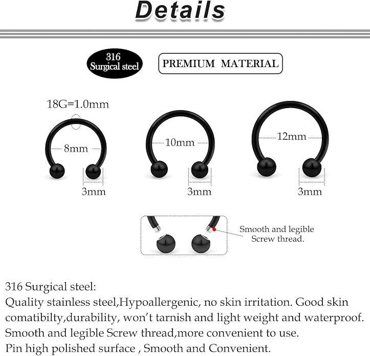 20G-00G Septum Rings Ear Gauges Earrings Stretching Kit 316L Surgical Steel Horseshoe Septum Pa Piercing Jewelry for Women 10mm 12mm 14mm 16mm
