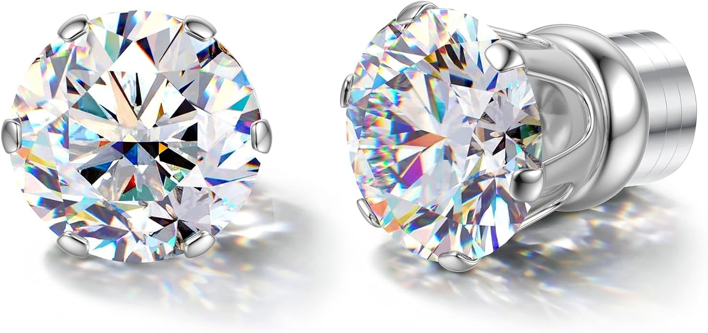 GEMQUEEN Moissanite Magnetic Earrings for Men Women : 18K White Gold Plated Hypoallergenic Stainless Steel Non Piercing Clip on Fake Earrings Studs Dainty Moissanite Earring Jewelry D Color VVS1