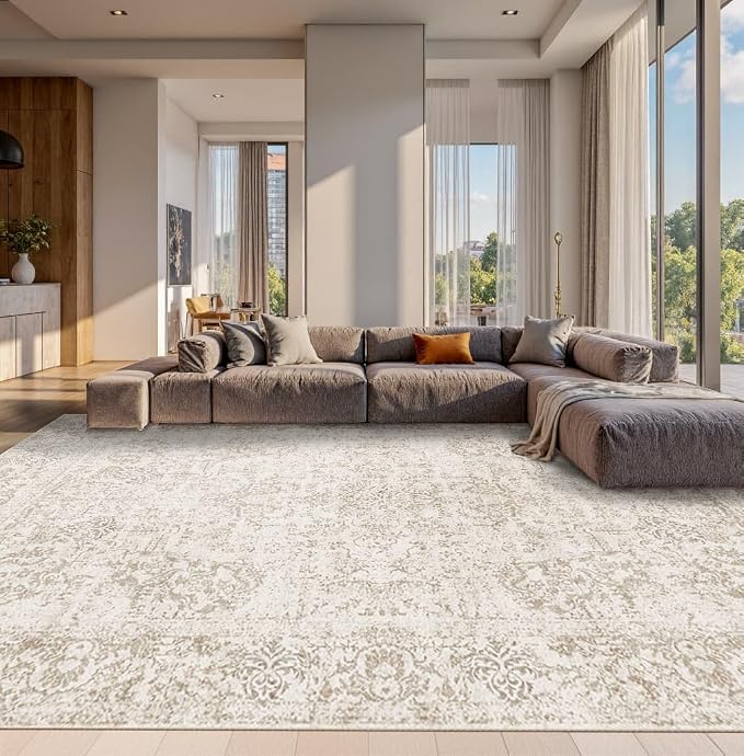 Rugxara 10x14 Washable Area Rug for Living Room, Extra Large,Green Vintage Floral Boho Rugs for Dining Room, Farmhouse, Durable Low Pile Non Slip Carpet for High Traffic Areas, Light Brown