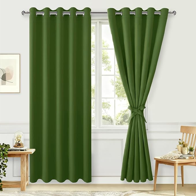 Hiasan Blackout Curtains for Bedroom, 60 x 84 Inches Long - Thermal Insulated & Energy Saving Window Curtains for Living Room, 2 Drape Panels Sewn with Tiebacks, Olive Green