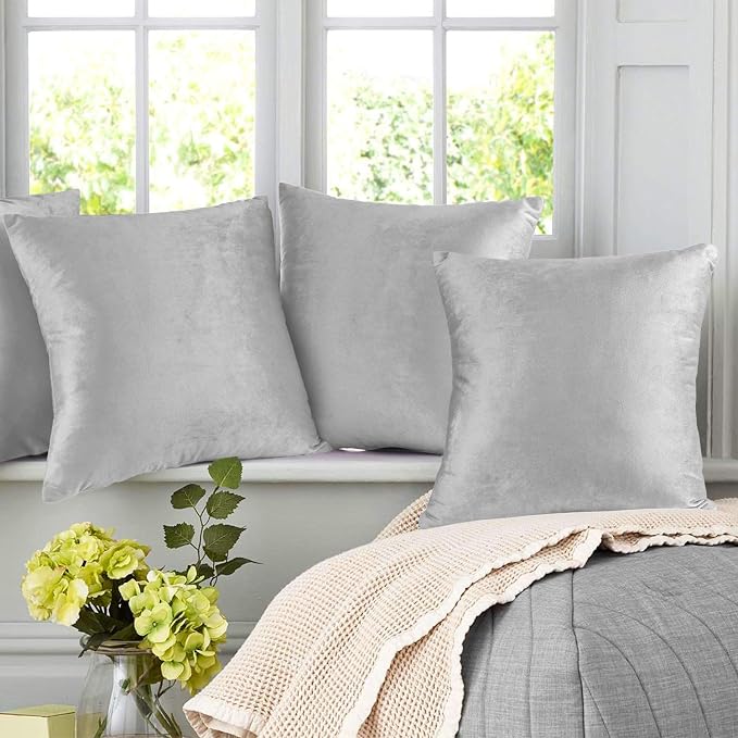 Nestl Throw Euro Pillow Covers, Cozy Velvet Decorative Pillow Covers 26x26 Inches, Soft Solid Couch Pillow Case for Sofa, Bed and Car, Set of 4 - Light Gray