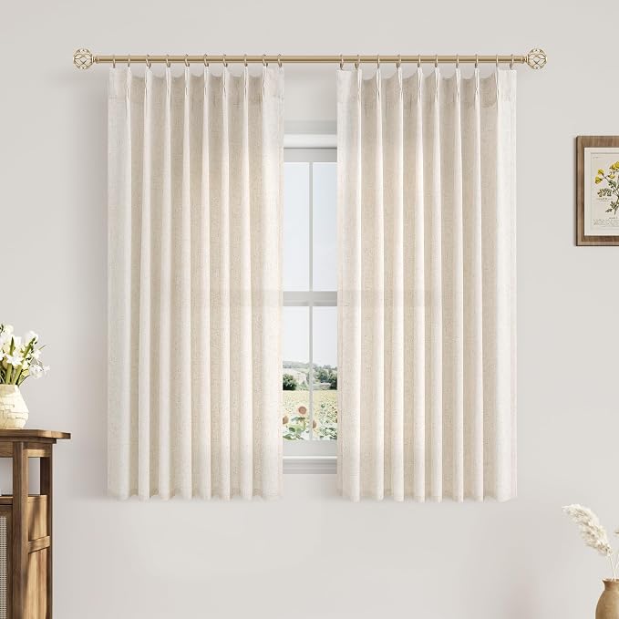 Aersas Natural Pinch Pleat Linen Curtains 54 Inch Length 2 Panels Set for Bedroom Dining Room Semi Sheer Linen Boho Farmhouse Neutral Window Curtains 54 Inches Long for Living Room Nursery 50x54