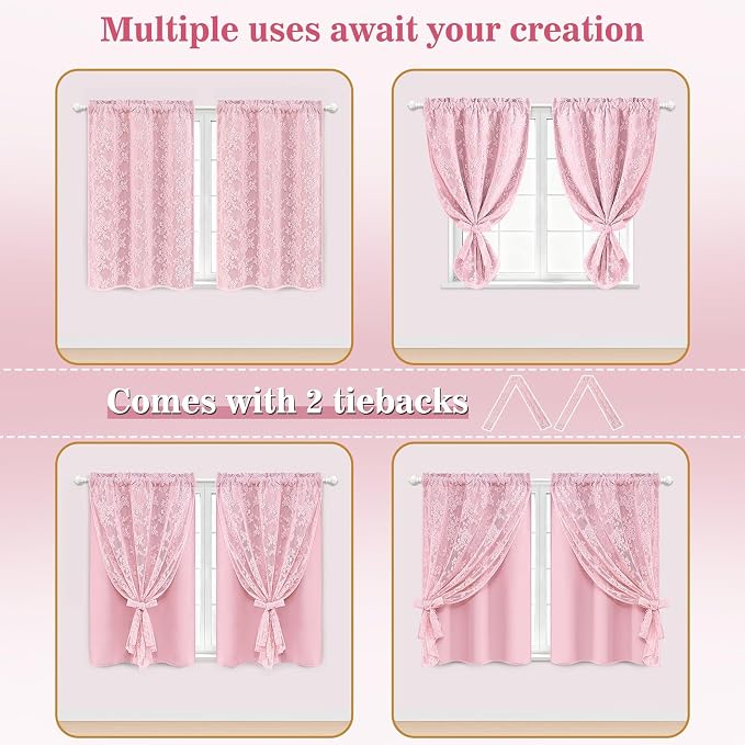 Yinhua Pink Kitchen Curtains 36 Inch Length Double Layer Blackout Curtains for Kitchen Rod Pocket Short Curtain for Windows, Small Window Curtain for Bathroom, Living Room, 2 Panels