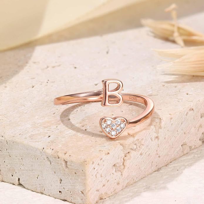 MILACOLATO 925 Sterling Silver Initial Rings for Women Teen Girl 18K Gold Plated Heart Initial Rings Adjustable Capital Letter Ring Stackable Thumb Pinky Rings for Daughter Birthday Bridesmaid Gifts Jewelry, A to Z