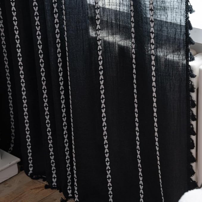 ColorBird Black Linen-Textured Boho Curtains 84 Inches Long for Bedroom Living Room 2 Panels Linen Curtain & Drape Room Darkening Embroidered Striped Window Treatment
