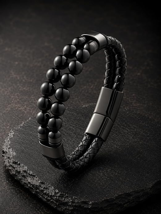 Black Braided Leather Bracelet for Men with Turquoise, Lapis Lazuli, Tiger Eye, Obsidian Stone Double-Row Wristband Beads with Stainless Steel Clasp Fashion Jewelry Gift for Him