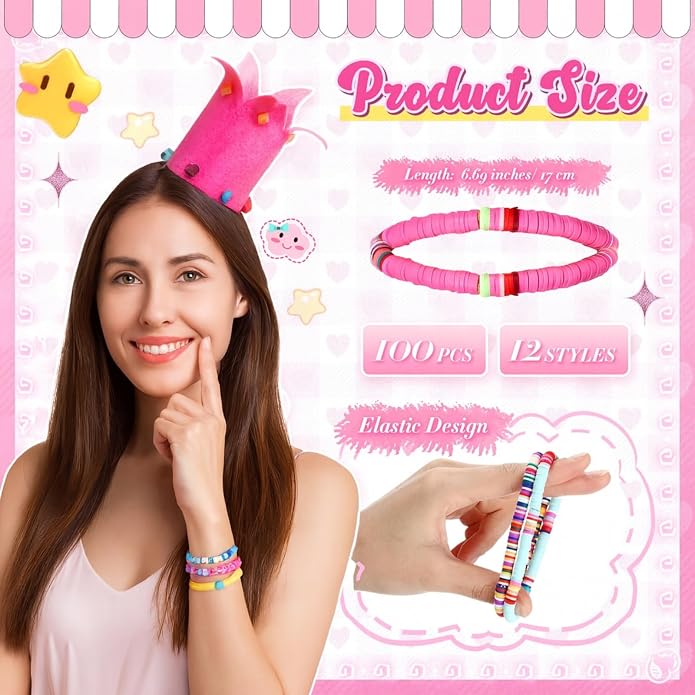 Equsion 100 Pcs Preppy Friendship Bracelets for Women Heishi Surfer Clay Stackable Bead Easter Boho Y2k Bracelets Gifts