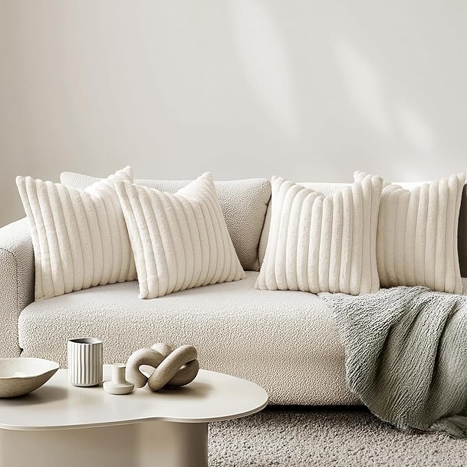 MIULEE Faux Fur Plush Decorative Throw Pillow Covers 18x18 Set of 4, Spring Modern Soft Fuzzy Striped Cushion Covers for Sofa Couch Bed Living Room Cozy Home Decor,Cream White