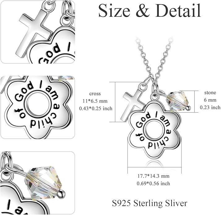 AOBOCO 925 Sterling Silver I Am a Child of God Daisy Necklace Jewelry Birthday Birthday Baptism Communion Gifts for Girls