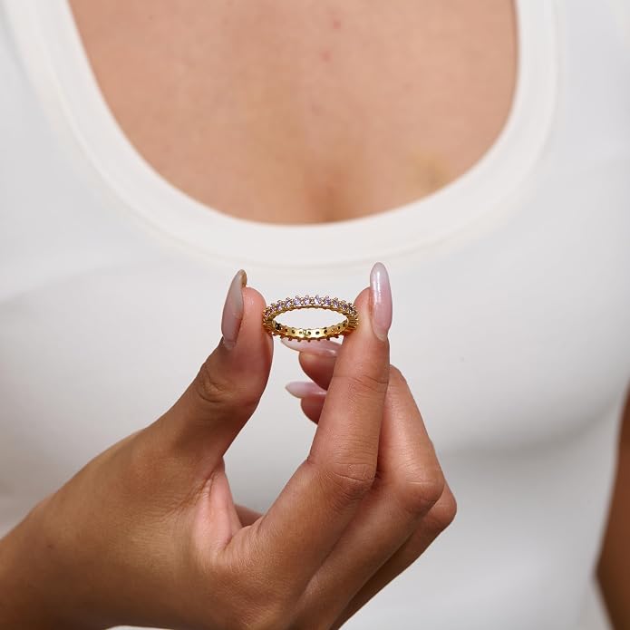 14K Gold Plated Birthstone Rings For Women, Dainty Cubic Zirconia Stackable Rings Unique For Her Birthday Mothers Daughter Bridesmaid Wedding Jewelry Gifts