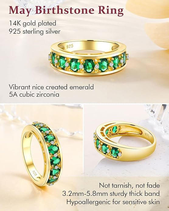 DAYBYDAY Oval Band Rings for Women, 925 Sterling Silver/14k Gold Plated Half Eternity Ring, Aquamarine/Ruby/Emerald/Sapphire Birthstone Rings, Thick Band Gemstone Anniversary Ring Size 6 to 10