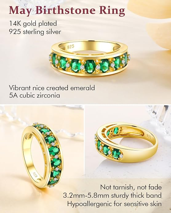 DAYBYDAY Oval Band Rings for Women, 925 Sterling Silver/14k Gold Plated Half Eternity Ring, Aquamarine/Ruby/Emerald/Sapphire Birthstone Rings, Thick Band Gemstone Anniversary Ring Size 6 to 10