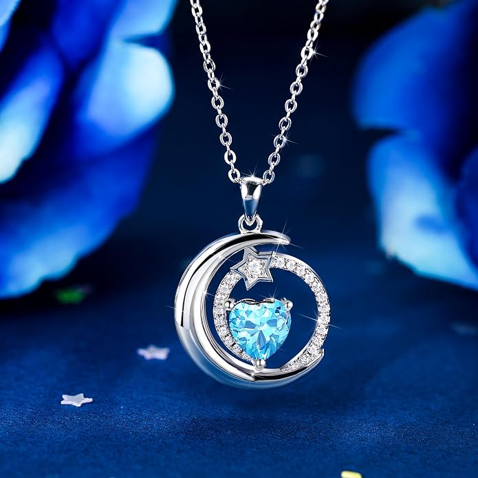 S925 Sterling Silver Birthstone Pendant Necklace Moon Star Necklace Jewelry Gift for Women Anniversary Valentine's day