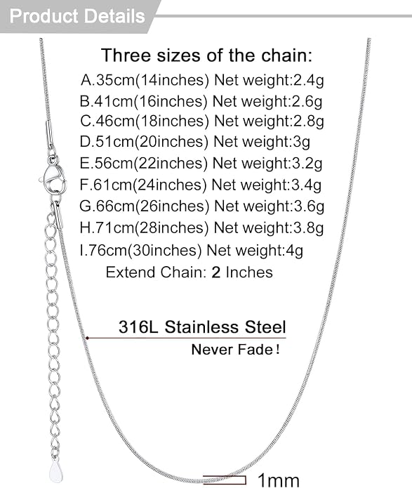 U7 Snake Necklace for Women 14K Gold Plated/Silver/Rose Gold/Black Chain Necklace Hypoallergenic, Stainless Steel Tiny Snake Chain Necklace 1/1.2/1.5/2MM, 14-30" Adjustable Minimalist Gift