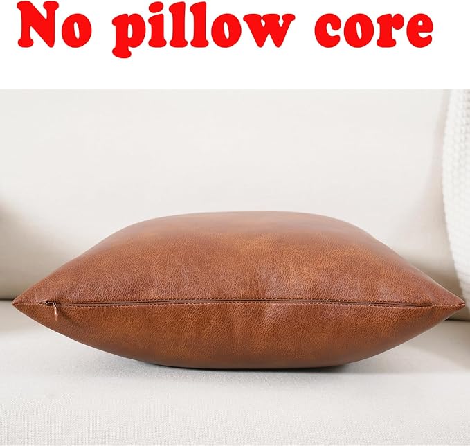Set of 2 Brown Faux Leather Throw Pillow Cover 24X24 Inch Cognac Modern Minimalist Outdoor Square Boho Decorative Pillowcases for Outdoor Livingroom Couch Bed Sofa Bedroom Cushion Cases
