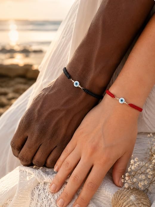 Evil Eye Bracelet for Men Women, Sterling Silver Protection Bracelet, Adjustable Black or Red Woven Cord Bracelet, Good Luck Jewelry Gift