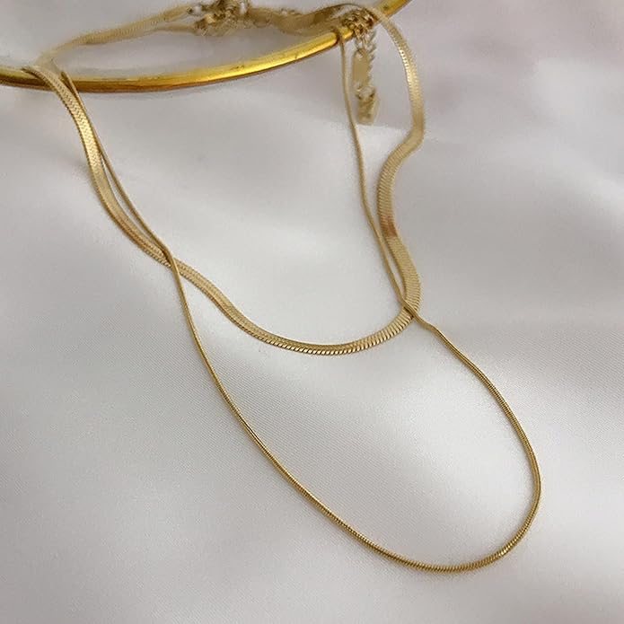 18K Gold Plated Layered Herringbone Necklaces for Women Dainty Layering Beaded Snake Chain Choker Moon Coin Pendant Necklace Trendy Stainless Steel Jewelry