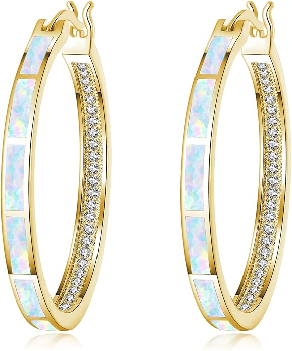 CiNily Opal Hoop Earrings,Women Jewelry Rhodium Plated/Rose Gold or Yellow Gold Plated Gemstone Big Hoop Earrings 32mm