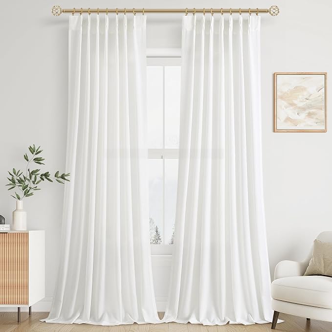 Off White Pinch Pleat Linen Curtains 120 Inches Long for Living Room Pleated Drapes Hooks Back Tab Light Filtering Boho Farmhouse Extra Long Semi Sheer 120 Inch Curtain for Dining Room Bedroom 40x120