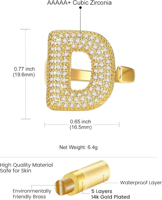 KeyStyle Bold Initial Letter Rings Adjustable, GoldChic Jewelry Women Gold Statement Ring Personalized Engraved Women’s Open Signet Ring for Party (Gold, White Gold, Black)