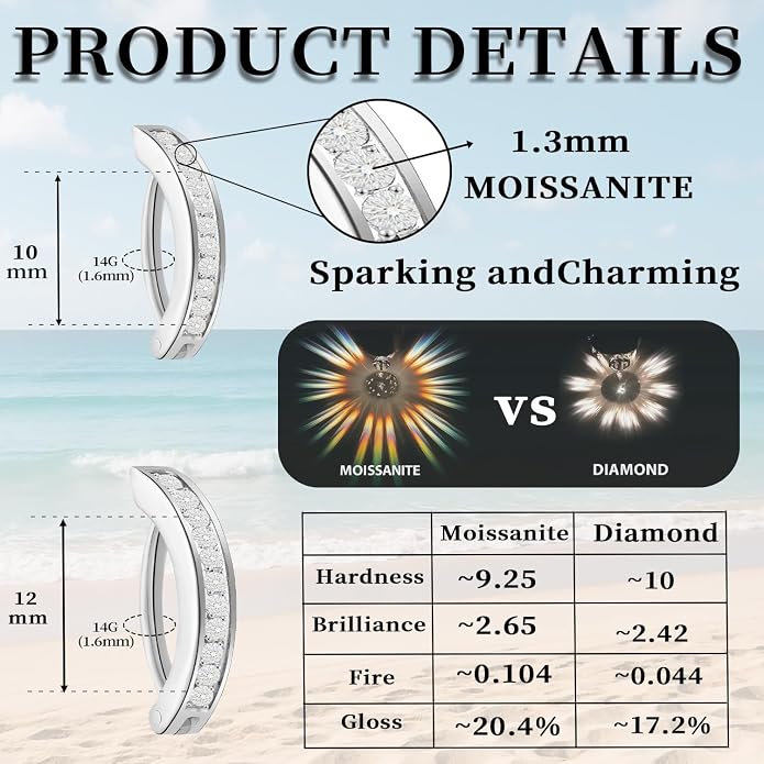 2-Piece Moissanite Belly Ring Set, Hypoallergenic Titanium Clicker with 14K Gold Plating - 10mm & 12mm Simple Reverse Navel Piercing Jewelry for Women, Men & Sensitive Skin