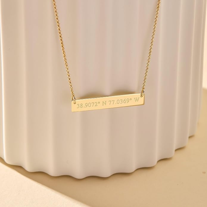 EVE'S ADDICTION Custom Engraved Gold Tone Coordinate Name Bar Necklace - Personalized Longitude Latitude Necklace for Her - Couples Jewelry - Jewelry for Wedding Party - Gifts for Mom