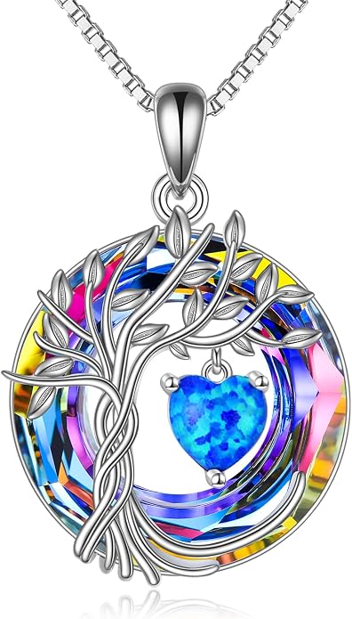 POPLYKE Mothers Day Gifts for Mom Her Wife Tree of Life Necklace 925 Sterling Silver Birthstone Pendant with Crystal Anniversary Birthday Wedding Jewelry for Women